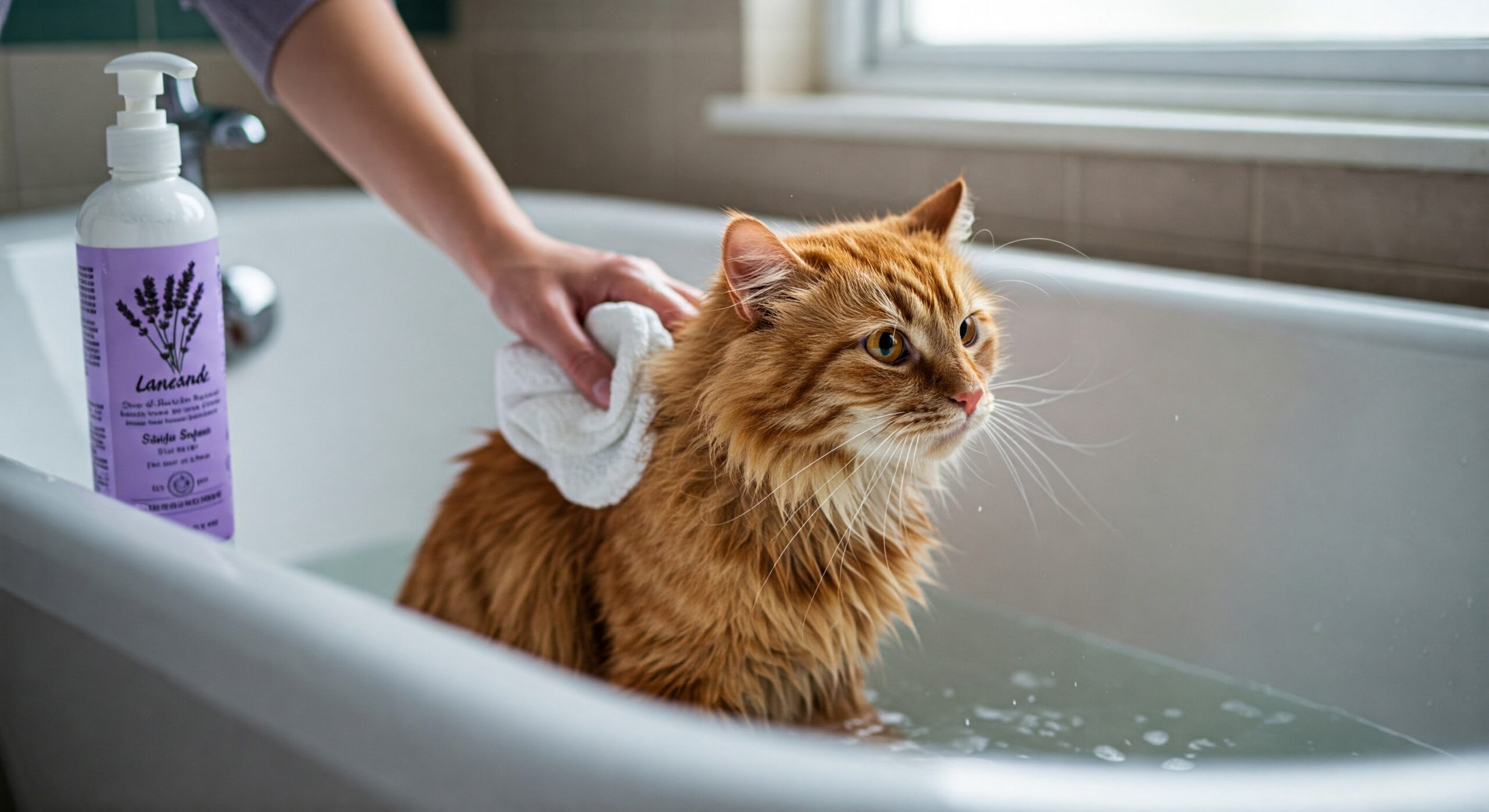 茶色と白の毛並みの猫が、バスタブで優しくシャンプーされている。