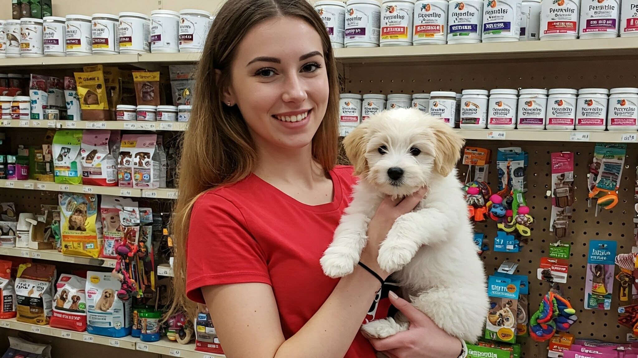 ペットショップで明るい赤のTシャツを着た若い女性が、白いふわふわした子犬を抱いている。