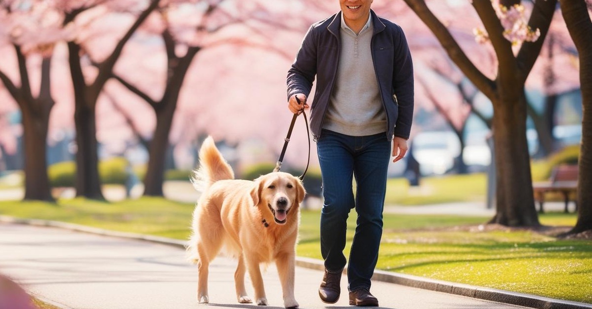 ゴールデンレトリバーが飼い主と花盛りな公園の通路を散歩しています。飼い主は犬をリードでしっかりとつなぎマナーを守っています。