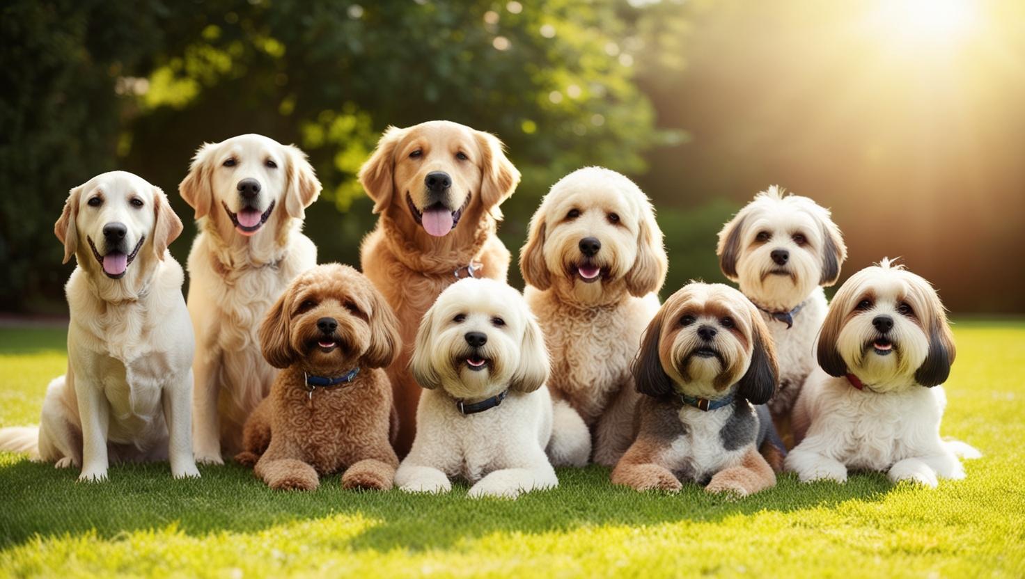 高齢の犬たちが木漏れ日の中、芝生の上でおすわりやふせをして穏やかにこちらを見つめている写真