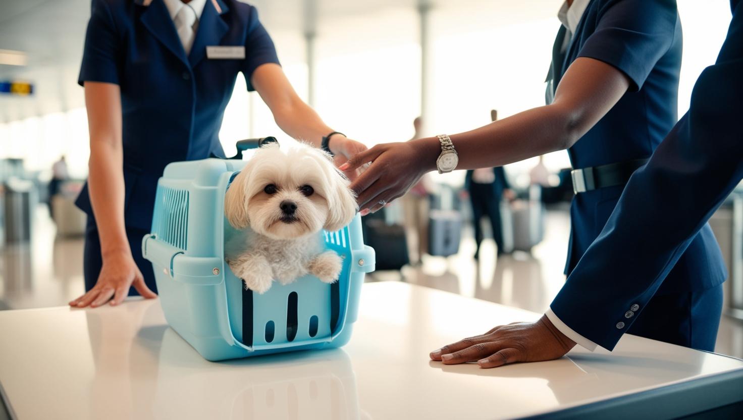 空港の搭乗手続きの場面が写っている写真です。これから飛行機に乗る犬がクレートの中からこちらを見つめています。